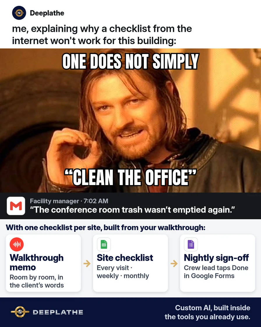One Does Not Simply meme: one does not simply 'clean the office', above a strip showing a walkthrough voice memo turned into a site checklist in Google Sheets and a crew sign-off in Google Forms. Commercial cleaning checklist template.