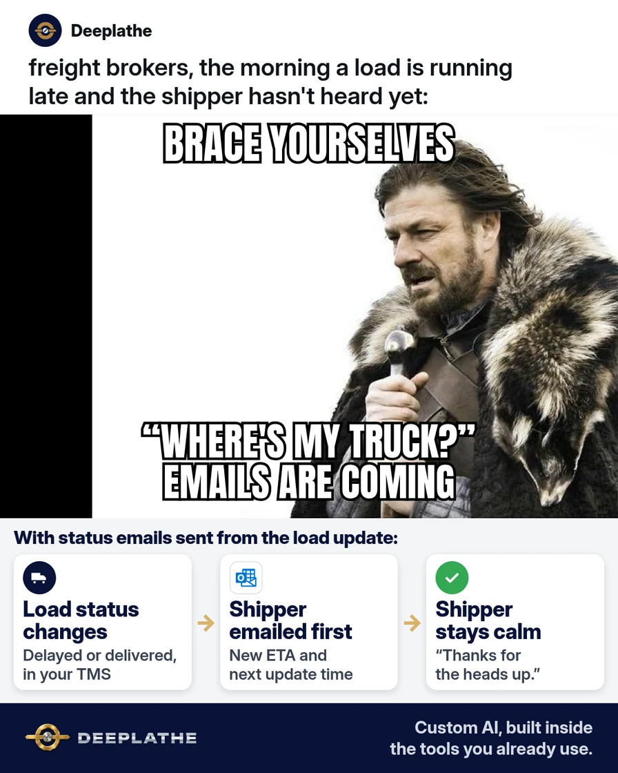 Brace Yourselves (Ned Stark) meme: a freight broker the morning a load runs late, captioned 'Brace yourselves, where's my truck? emails are coming.' Below, a solved strip: the load status changes in the TMS, the shipper gets an Outlook email first with the new ETA and next update time, and replies 'Thanks for the heads up.' Delivery status update email templates for freight brokers (pickup, in transit, delay, delivered)
