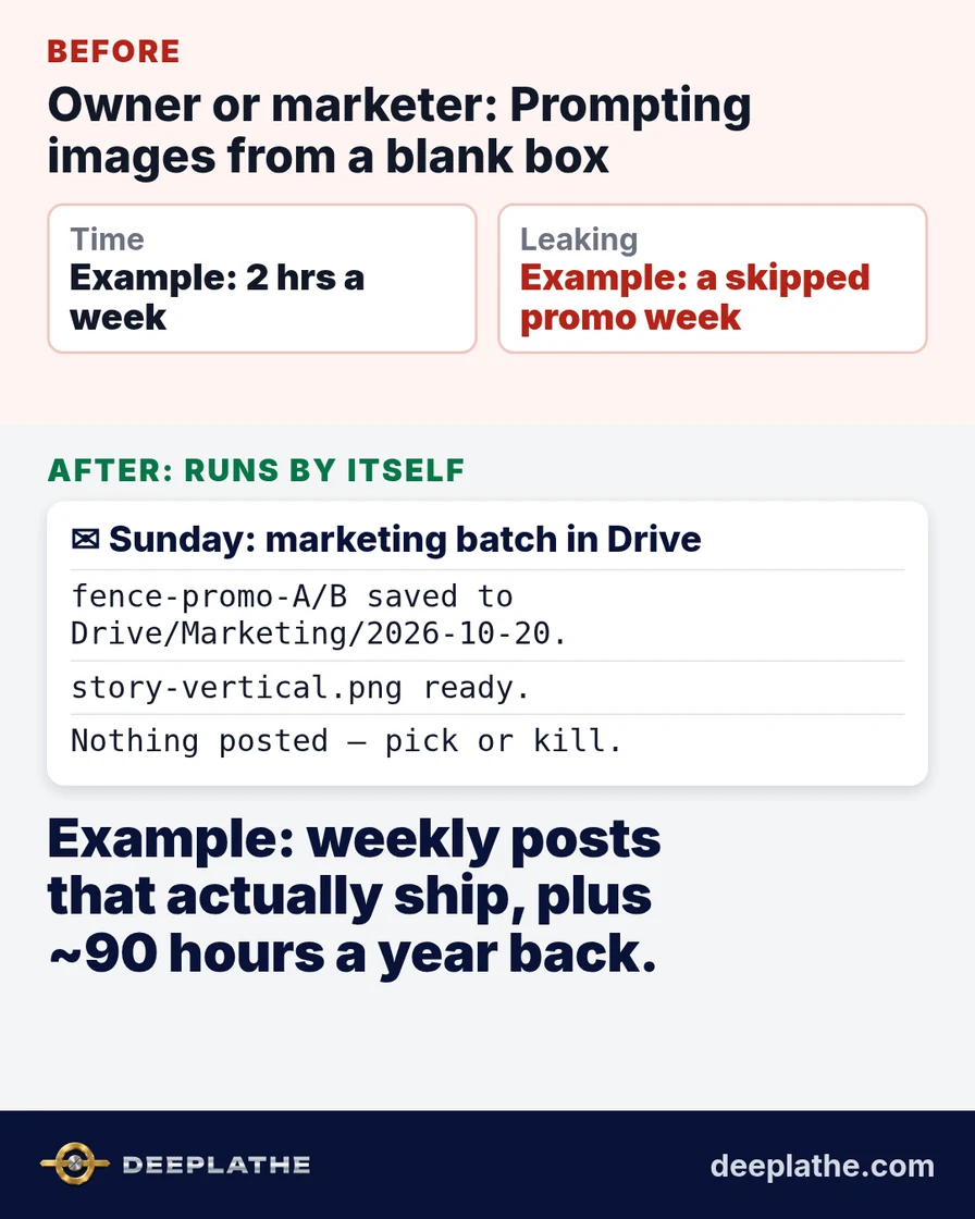 Before: owner staring at a blank image prompt; after: Sunday email with a Drive folder of four Flux promo images ready to pick.